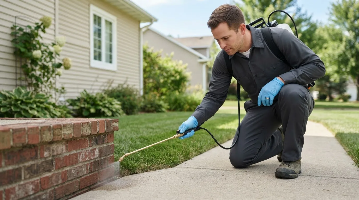Pest control technician treating a home near Springville, TN
